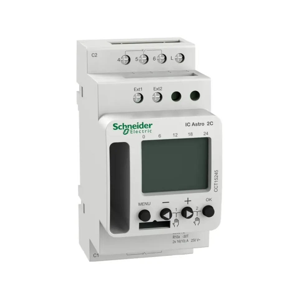 Schneider Electric CCT15245, Acti 9 IC, Astronomik Dijital Zaman Saati, 7 Gün Döngü, 6 Yıl Rezervli, Çift Kanallı, A/K Kontak