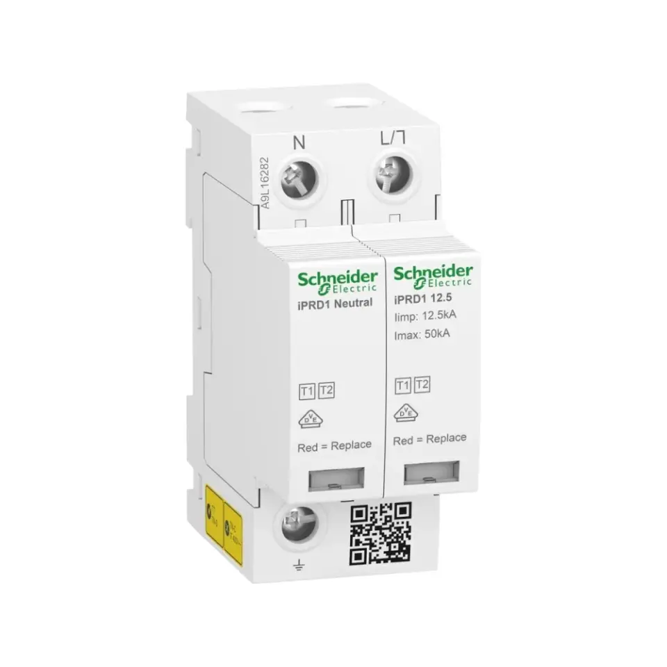 Schneider Electric A9L16282, Acti 9 iPRF1 12.5r, Kartuşlu Tip, AG Parafudr, 1 Kutup+Nötr, Tip 1+Tip 2, B ve C Sınıfı, 50 kA