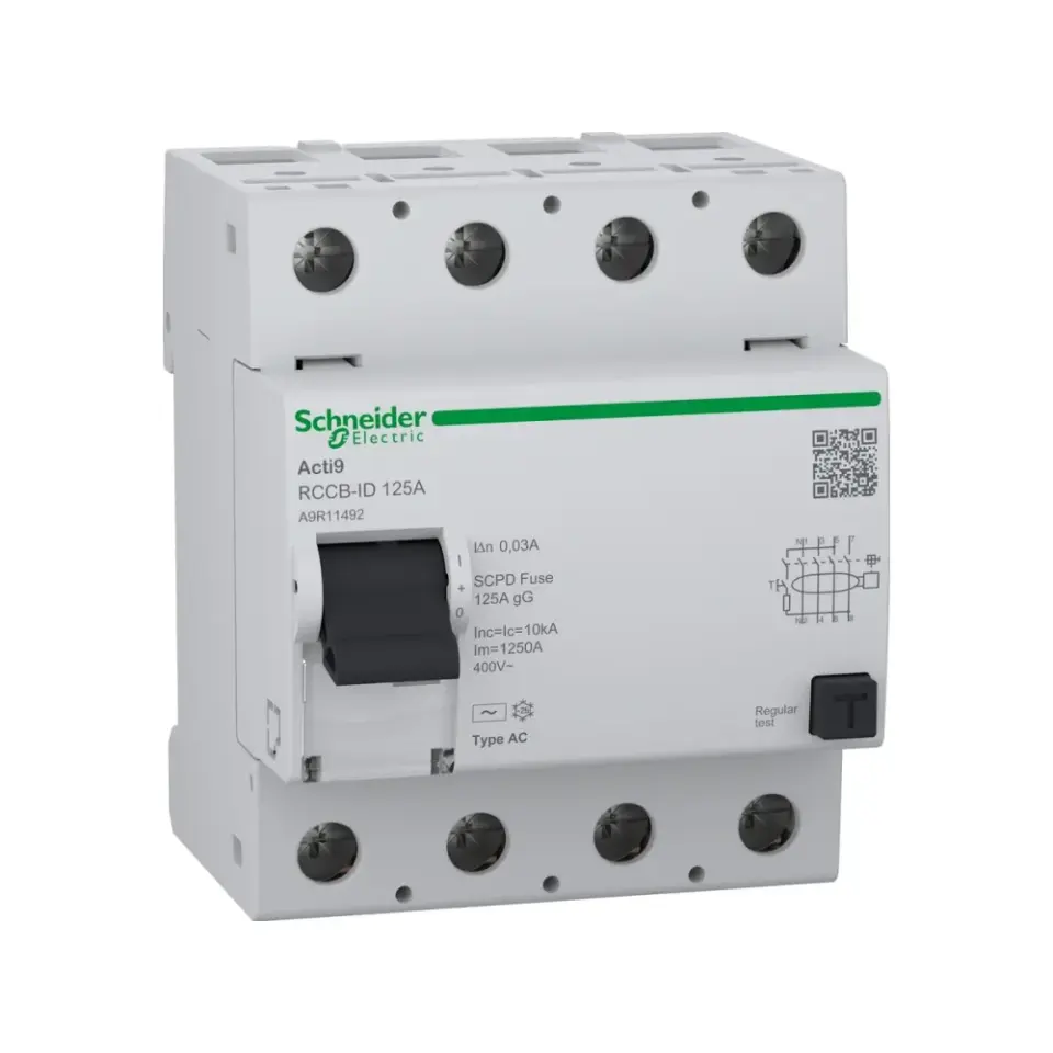 Schneider Electric A9R11492, Acti 9 iID, 125 Amper, 30mA, AC Tip, Kaçak Akım Koruma Rölesi, 4 Kutuplu (3 Faz+Nötr)