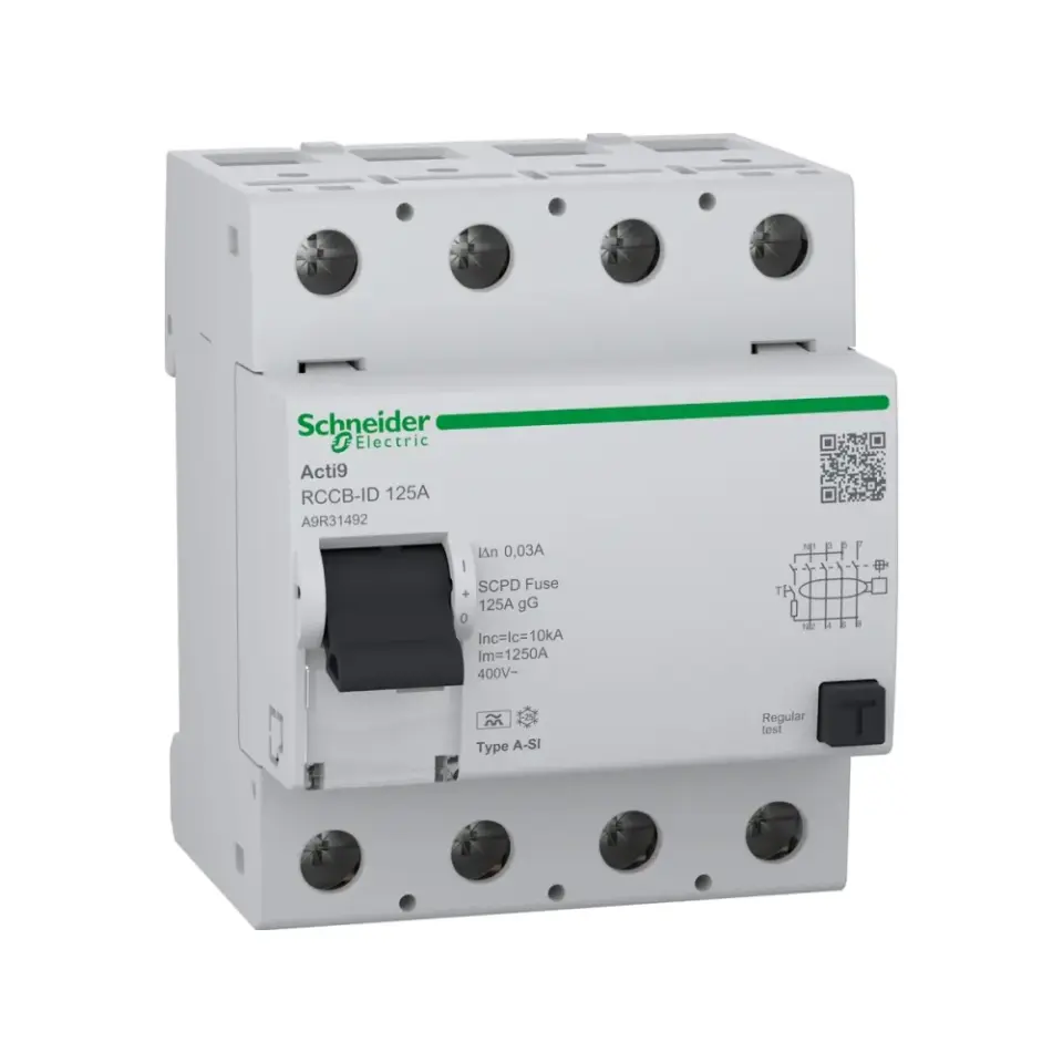 Schneider Electric A9R31492, Acti 9 iID, 125 Amper, 30mA, A-SI Tip, Kaçak Akım Koruma Rölesi, 4 Kutuplu (3 Faz+Nötr)