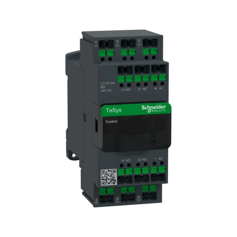 Schneider Electric LC1D12ABD, TeSys Deca, 12 Amper, 5,5 kW, 3 Kutuplu, Snap-in Bağlantılı Kontaktör, 24 Volt DC, 1NA+1NK