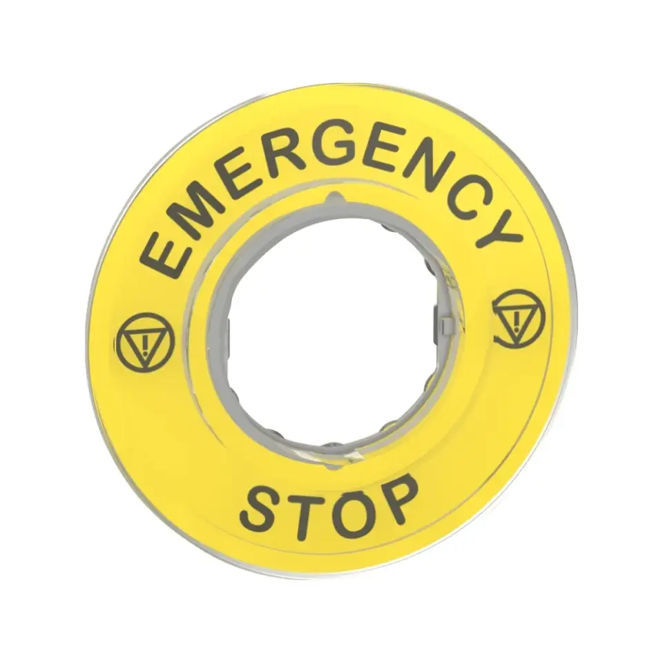Schneider Electric ZBY9320, Harmony Stil 4/5, Acil Stop Butonları için Ø60 mm Sarı Zeminli Acil Stop Etiketi, Emergency Stop Yazılı
