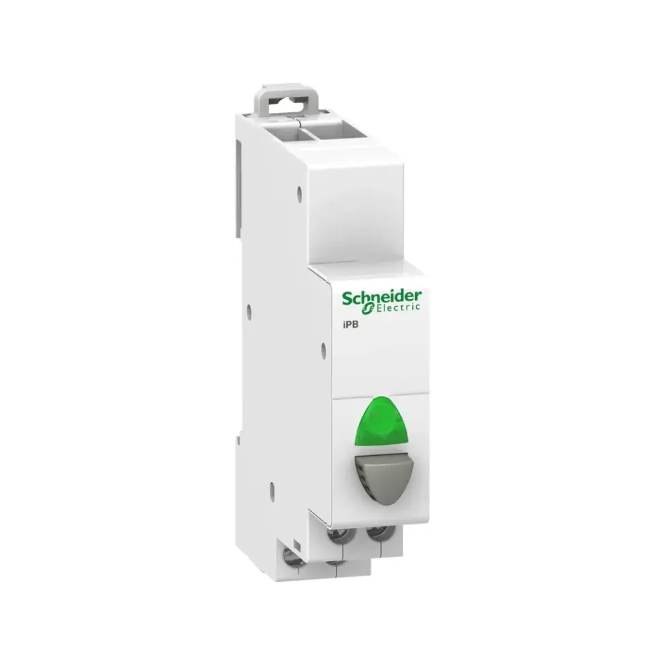 Schneider Electric A9E18038, Acti 9 iPB, Gri Butonlu, Yeşil Işıklı, Ray Tipi Push Buton, 1NA, 12-48 Volt AC/DC