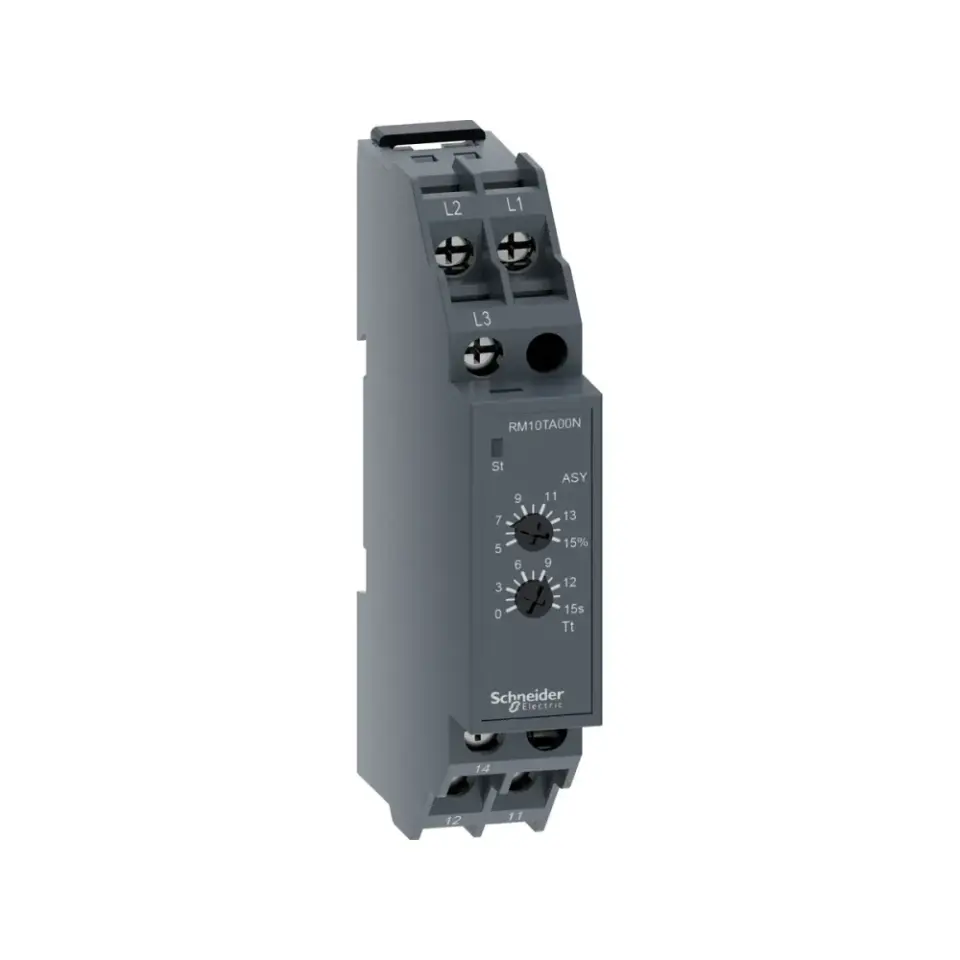 Schneider Electric RM10TA00N, Harmony RM10, Faz Koruma Rölesi, Faz Sırası, Faz Kaybı ve Faz Dengesi Koruması, 0-15sn Gecikmeli, 208-480 Volt AC, 1K/A