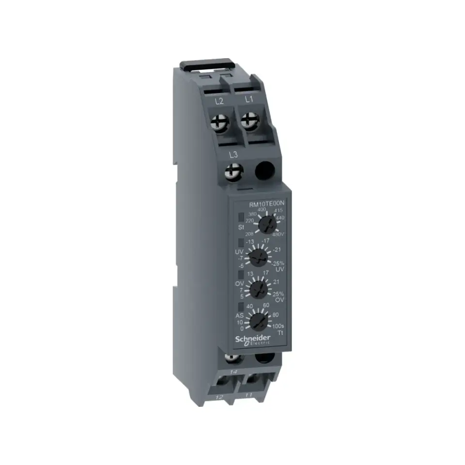 Schneider Electric RM10TE00N, Harmony RM10, Faz ve Gerilim Koruma Rölesi, Faz Sırası, Faz Kaybı, Faz Dengesi ve Aşırı-Düşük Gerilim Koruması, 0-15sn Gecikmeli, 208-480 Volt AC, 1K/A